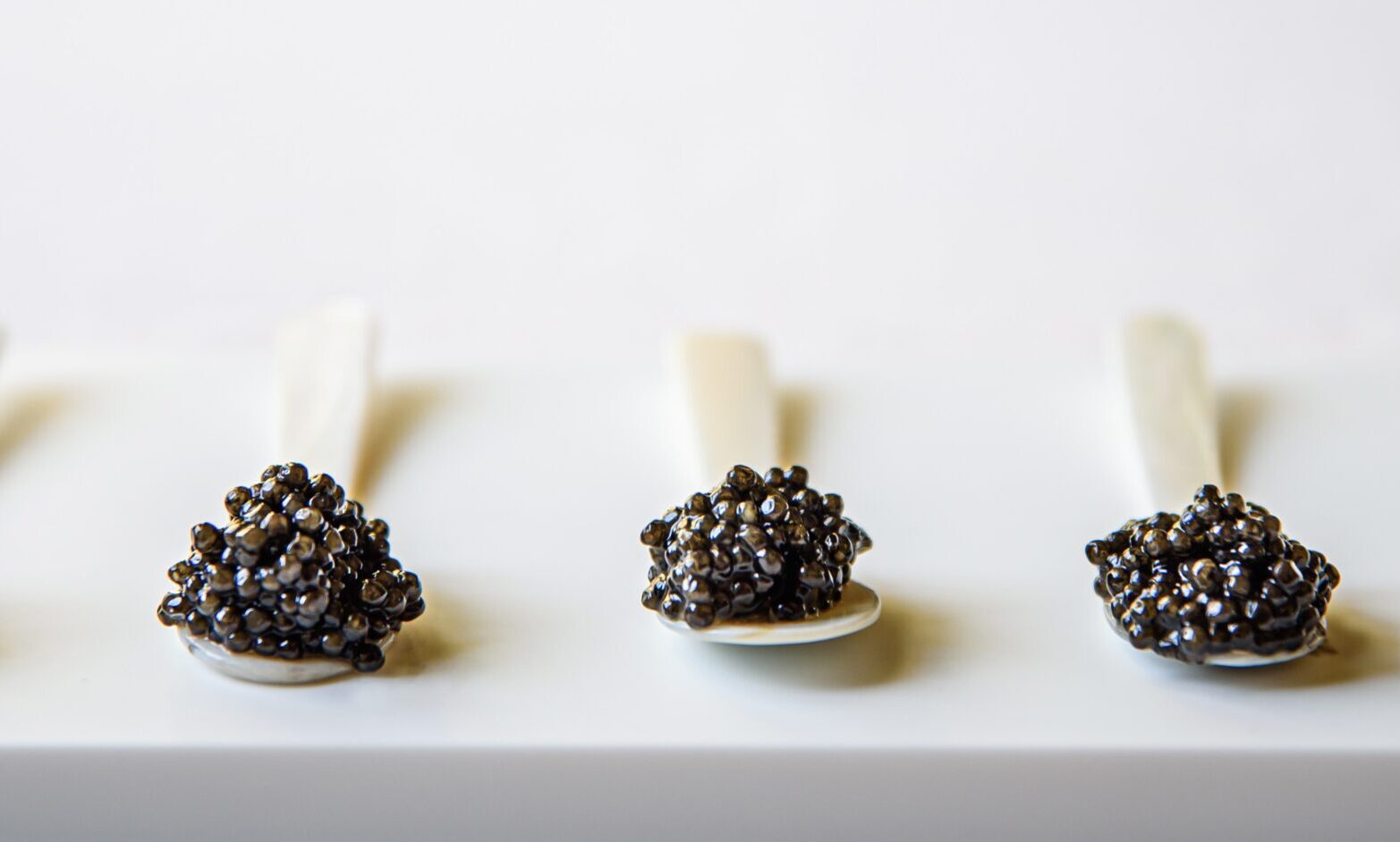 piatto bianco con cucchiaini di madreperla e caviale calvisius